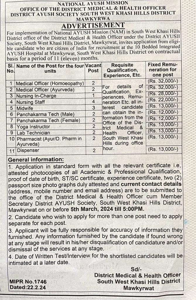 Dmho Mawkyrat Recruitment Various Vacancies Under National Ayush